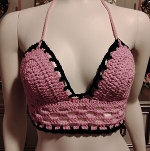 Pink and Black Crochet Halter Bralette